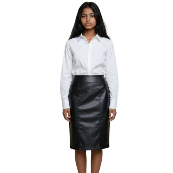 New York & Company Faux Leather Skirt Womens Size 8 Black Knee Length Lined - Picture 2 of 13